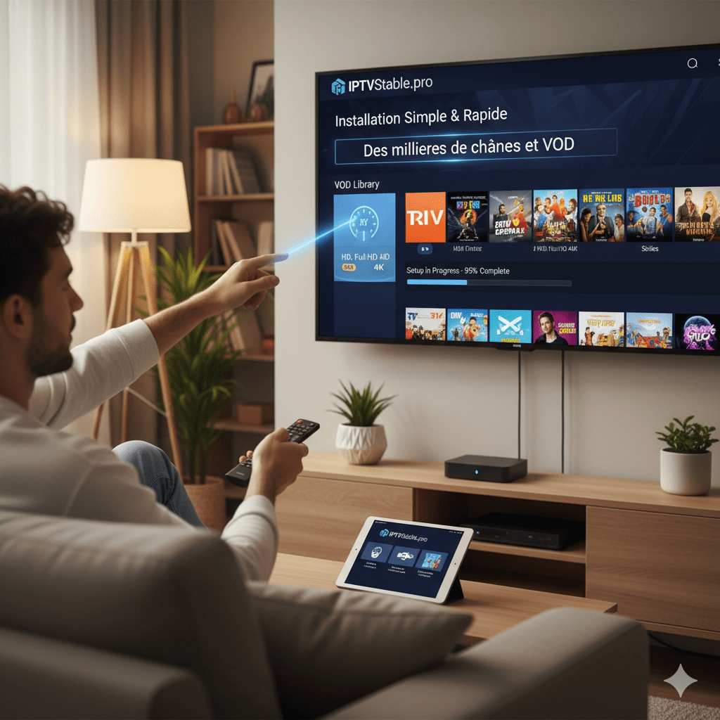 Famille regardant IPTV stable sur une Smart TV avec des logos de chaînes