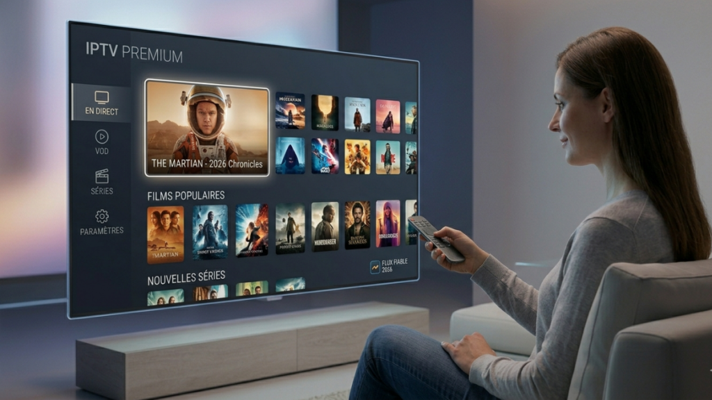 Femme regardant IPTV Stable sur une télévision moderne.
