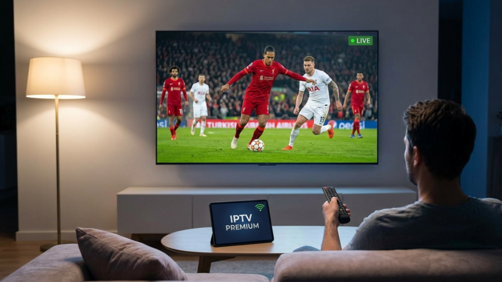 Homme regardant un match de football avec iptv stable sans coupure 